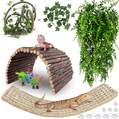 HERCOCCI Bearded Dragon Tank Accessories, 9Pcs Reptile Plants Vines Hammock Flexible Bridge with Suction Cups Terrarium Habitat Décor for Snake Gecko Lizard Chameleon