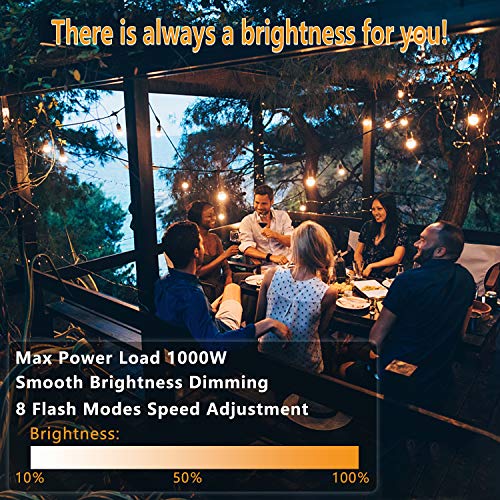 Outdoor Dimmer Switch for String Lights, 1000W Max Power IP68 Waterproof Wireless RF Remote Control Timer Switch, 3 Prong Outlet Plug-in Dimmer for Dimmable LED String Lights Patio Lights
