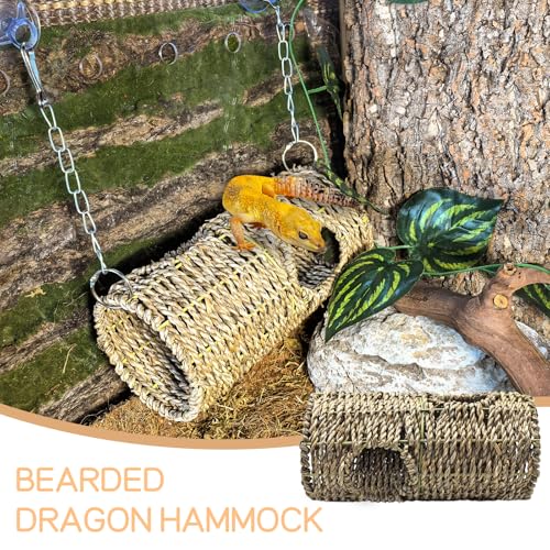 Reptile Hide Cave,Hanging Seagrass Fiber Bearded Dragon Hammock Swing Climbing Toys with Plants Decor,Gecko Hideout Hollow Cave Tank Accessories for Lizard Snake-Round - size: Round:7.87*3.94*3.94"