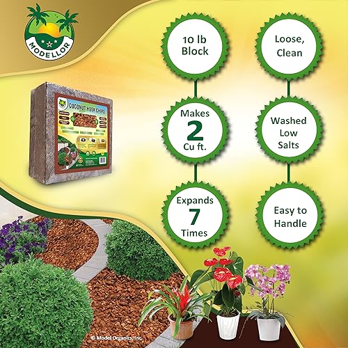 MODELLOR Premium Super Washed, Clean, Coco Chips [10 lb], Yields 2 cu ft. of Loose Chips. Plant Substrate, Organic, Reptile Bedding, Odor Absorbing, Grow Orchids, Mulch Indoor, Outdoor.