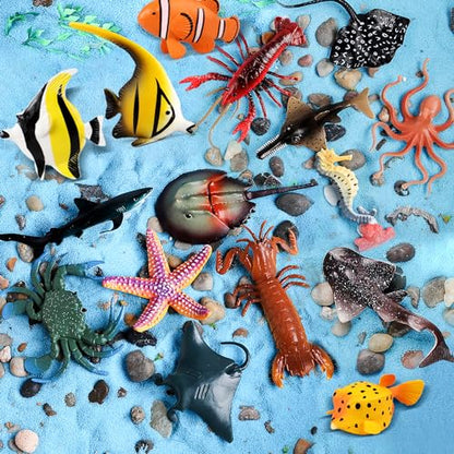 Sea Animals Toys Figures 21Pcs, Plastic Marine Creature Shark Fish Starfish Crab Lobster Octopus Seahorse Coral Jellyfish Ocean Life for Kids Birthday Party Favor Cake Decoration - style: Sea