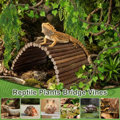 23''×20'' Reptile Hide Bearded Dragon Tank Accessories Bridge Hideout&Vine | Large Climbing Wooden Bridge Hideout & Hanging Plant Vines Artificial Leaves for Snake Lizard Tortoise Leopard Gecko