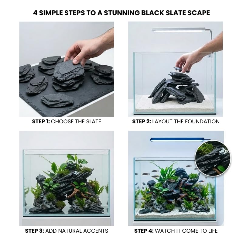 Natural Black Slate Rocks 5lbs - Thin Flat Stones for Fish Tank Aquascaping, Aquariums, and Paludariums - Decorative Stones for Terrariums, Vivariums, Reptile Enclosures, and Gardens