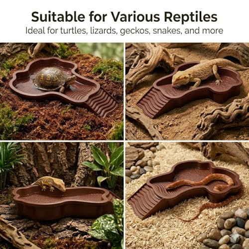 Large Turtle Water Bowl, Reptile Bathing Pool Tortoise Water Dish Bearded Dragon Water Fountain Non-Slip Reptile Food Dish for Tortoise Gecko Lizard Snake Terrarium Habitat, Plastic, Red - color: Red
