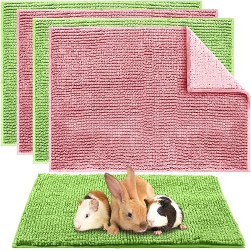 Amylove 4 Pcs Guinea Pig Cage Liner 16 x 24 Inch Washable Chenille Pee Pads Pet Dog Cat Bedding Training Mat Reusable for Small Animals Puppy Bunny Hamster Chinchilla - color: Green Pink, size: 16 x 24 Inch, style: Low Pile Chenille