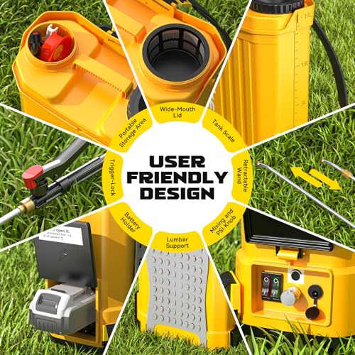 Battery Backpack Sprayer Compatible with Dewalt 20V Battery (Tool Only) 4.2 Gallon with Auto Mixer, 0–100PSI Adj, Leak-Proof Metal Telescopic Wand 42", 6 Nozzles, Ergonomic Strap Ecarke Garden Sprayer - color: Yellow