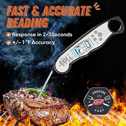 Digital Meat Thermometer, Waterproof Instant Read Food Thermometer for Cooking and Grilling, Kitchen Gadgets, Accessories with Backlight & Calibration for Candy, BBQ Grill, Liquids, Beef, Turkey… - color: Black - Sliver