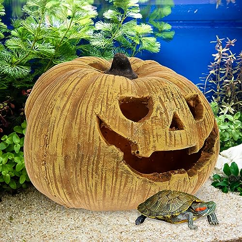 POPETPOP Pumpkin Reptile Hideout Lifelike Resin Cave for Tortoise Reptile Shelter Aquarium Decoration Halloween-Themed Box for Lizards Snakes