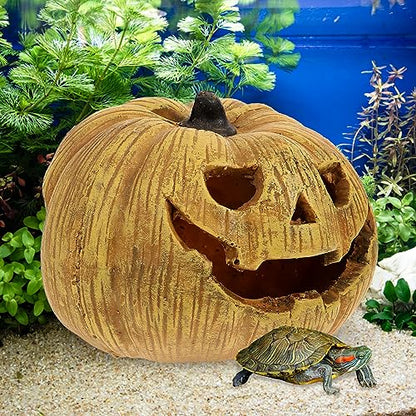 POPETPOP Pumpkin Reptile Hideout Lifelike Resin Cave for Tortoise Reptile Shelter Aquarium Decoration Halloween-Themed Box for Lizards Snakes