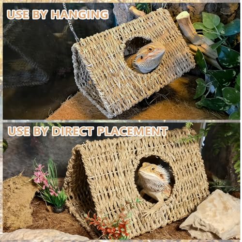 Reptile Hide Cave,Hanging Seagrass Fiber Bearded Dragon Hammock Swing Climbing Toys with Plants Decor,Gecko Hideout Hollow Cave Tank Accessories for Lizard Snake-Triangle L - size: Triangle L:9.84*7.09*5.91"