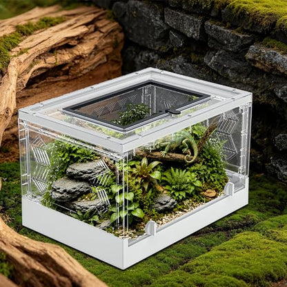 Folding Reptile Terrarium 17" × 12" × 10" – Portable Clear Habitat Tank with Front Opening Door & Ventilation, Easy Assembly for Geckos, Lizards, Snakes, Turtles, Spiders & Amphibians - size: 17" x 12" x 10"