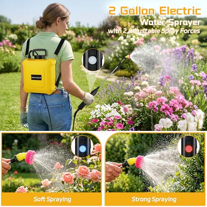 2 Gallon Battery Powered Sprayer, Electric Garden Sprayer with 6 Mist Nozzles, Adjustable Spray Effect, Weed Sprayer with Hand Shank Waterproof, Adjustable Telescopic Rod, for Yard, Lawn and Garden