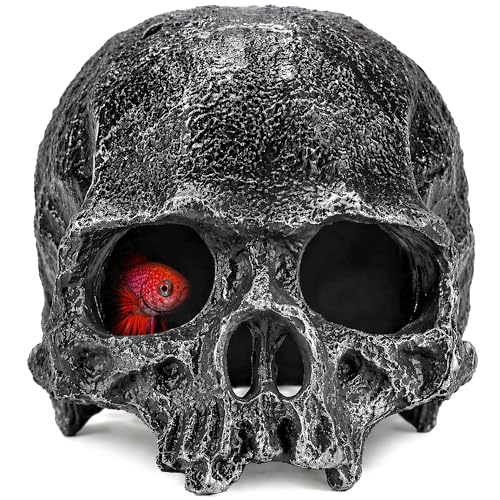 Skull Terrarium Decor Reptile Hideout for Tank (Black) | Realistic Resin Skull Hideouts,Decorative Skeleton Head Caves for Betta Fish Juvenile Ball Python Gecko Tarantula - color: Black