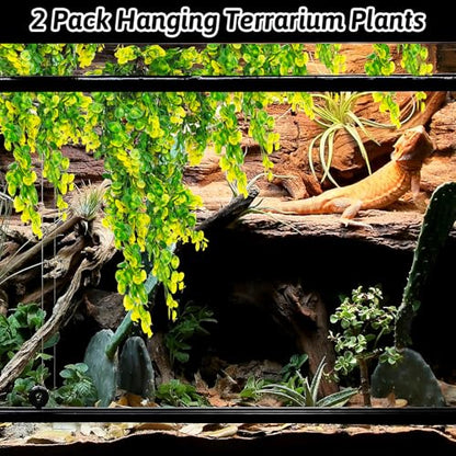 Hamiledyi 6 PCS Reptile Plants Hanging Terrarium Plants Artificial Leaves Habitat Decorations with Suction Cup Green and Yellow Fake Amphibian Plants for Bearded Dragon Lizard Geckos Chameleon - size: 6 PCS