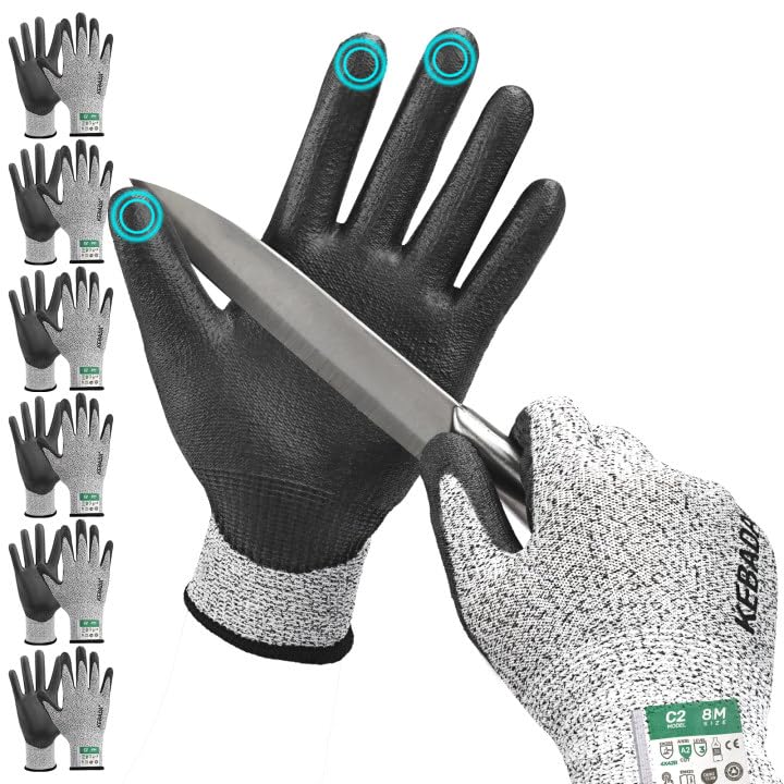 Kebada Cut Resistant Gloves, ANSI A2 Cutting Glove, PU Coated, Touchscreen, Multi-Purpose Model C2, 6 Pairs, X-Large - color: Grey(6 Pairs), size: 10/X-Large