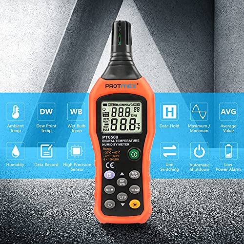 Protmex PT6508 Temperature Humidity Meter, Digital Thermometer Hygrometer Monitor with Ambient, Dew Point, Wet Bulb for Indoor/Outdoor MIN, MAX, Data Hold, LCD Backlight - size: PT6508