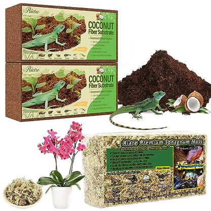 Riare 5.3 OZ Premium Sphagnum Moss for Reptiles 2 Pack Natural Compressed Coconut Fiber Substrate for Reptiles Terrarium Bedding for Tortoise, Frogs, Snakes Hermit Crabs, Burrowing Animals