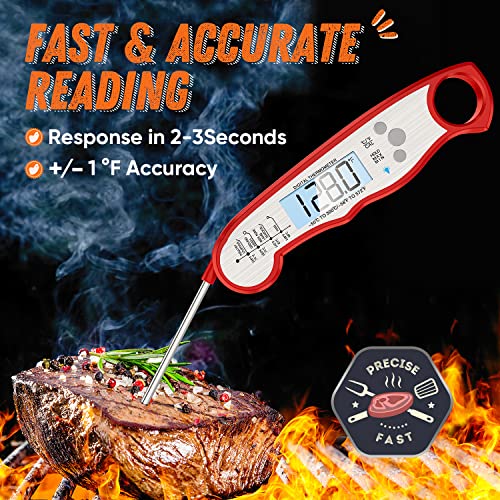 Digital Meat Thermometer, Waterproof Instant Read Food Thermometer for Cooking and Grilling, Kitchen Gadgets, Accessories with Backlight & Calibration for Candy, BBQ Grill, Liquids, Beef, Turkey… - color: Red - Sliver