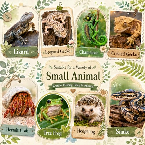 HERCOCCI Crested Gecko Tank Accessories, Reptile Hanging Plants Vines with Natural Coconut Shell Hideout & Climbing Ladder Decor for Hermit Crab Lizard Leopard Gecko Chameleon Snake Terrarium Decor