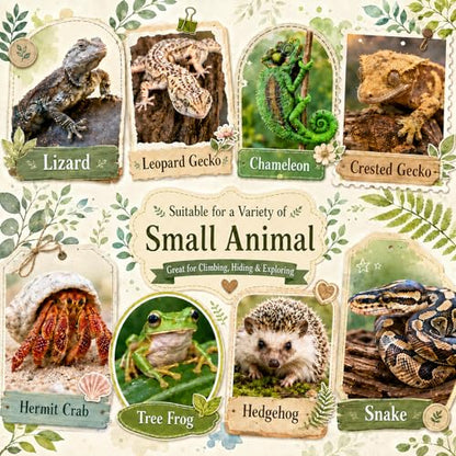 HERCOCCI Crested Gecko Tank Accessories, Reptile Hanging Plants Vines with Natural Coconut Shell Hideout & Climbing Ladder Decor for Hermit Crab Lizard Leopard Gecko Chameleon Snake Terrarium Decor