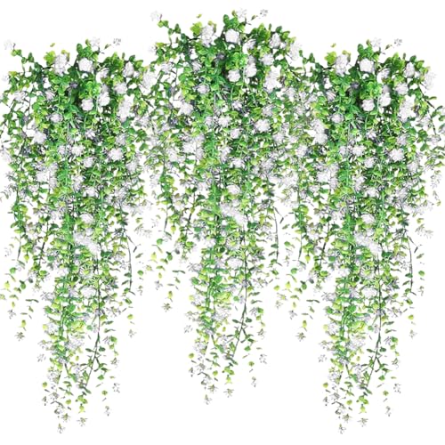 Artificial Hanging Flowers, 3 Pcs Fake Hanging Plants Decor, Artificial Vines for Outdoors, UV Resistant No Fade Artificial Fake Hanging for Indoor Decoration Outdoor Porch Courtyard (White) - color: White