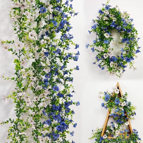 4 Pcs Faux Flowers Garland Plant, Artificial Vines Hanging Flowers Leaves Greenery Garland for Wedding Backdrop Arch Wall Decor, 6 Feet/pcs UV Resistant Indoor Outdoor - color: Blue + White