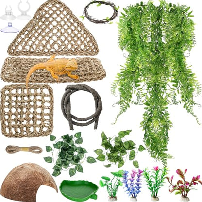 Foilswirl 32 Pcs Bearded Dragon Tank Accessories Reptile Hammock Coconut Shell Nest Jungle Climber Vines Terrarium Branch Plant Feeder Habitat Decor for Hiding Climbing Snake Gecko Lizard Chameleon