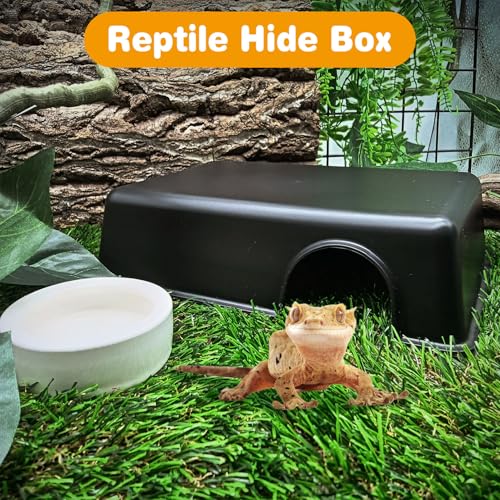 Hamiledyi 5 Pcs Reptile Plants Terrarium Hanging Fake Plant Leaves and Reptile Hide Box 4 Pcs Leopard Gecko Hide Snake Hideout for Ball Python for Lizard, Corn Snake