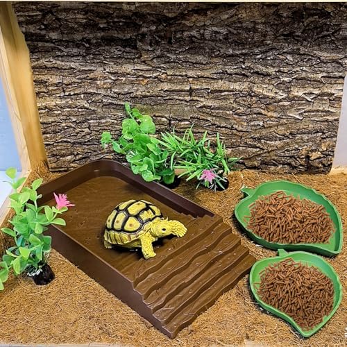3 PCS Reptile Water Dish, Leaf Reptile Water Bowl, Amphibians Habitat Tortoise Food Bowl with Climbing Ramp for Turtle, Gecko, Snake, Bearded Dragon, Lizard - color: Brown