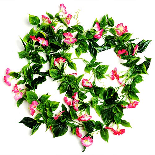 AirSun Artificial Morning Glory Flower Vines, 2pcs 15Feet Hanging Plants Silk Garland Fake Green Plant Home Garden Wall Fence Indoor Outdoor Wedding Birthday Decor - color: Pink