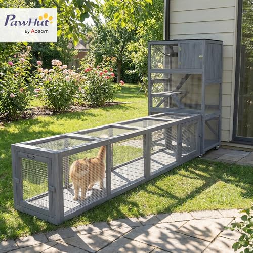 PawHut Outdoor Cat Tunnel with Extendable Design, 79" L Wooden Cat Run with Weather Protection, Connecting Inside and Outside, for Deck Patios, Balconies, Dark Gray