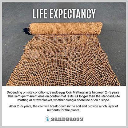 Sandbaggy Coir Mat | Erosion Control Product for Stopping Soil Erosion on Hillsides, Riverbanks & Oceanfront | Lasts 5X Longer Than Straw Blanket | Lasts 2-5 Yrs (Homeowner Size - 4 ft by 30 ft Roll) - size: 4 ft by 30 ft Roll Size or 120 sq ft
