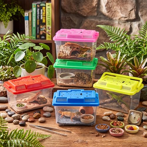 LemonRoad 25 Pcs Plastic Reptile Terrariums Carrier Cage Enclosure Snake Breeding Box Hatching Container Fish Tank with Ventilated Lid for Tarantula Spider Turtle Lizard (Cute,5.1x3.5x3.5 Inch) - color: Cute, size: 5.1x3.5x3.5 Inch