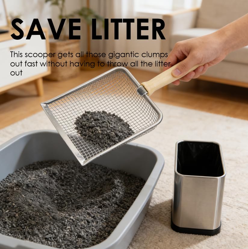 Fine Mesh Cat Litter Scoop with Holder, Stainless Steel Mesh Scooper, Stainless Steel Cat Litter Scooper Caddy Trash Container, Wide Rabbit Poop Lifter with Beech Handle | Fine Mesh Cat Litter Scoop with Holder, Stainless Steel Mesh Scooper, Wide Rabbit P