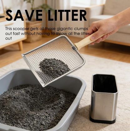 Fine Mesh Cat Litter Scoop with Holder, Stainless Steel Mesh Scooper, Stainless Steel Cat Litter Scooper Caddy Trash Container, Wide Rabbit Poop Lifter with Beech Handle | Fine Mesh Cat Litter Scoop with Holder, Stainless Steel Mesh Scooper, Wide Rabbit P