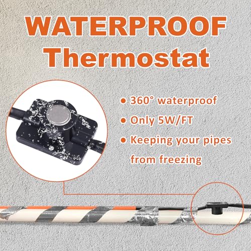 Cupohus Heat Tape for Water Pipes with Thermostat 6FT, Freeze Protection Self-Regulating Heat Trace Cable for Metal, Plastic Home Pipes, Roof and RV, 110-120V