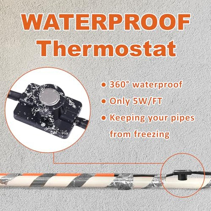Cupohus Heat Tape for Water Pipes with Thermostat 6FT, Freeze Protection Self-Regulating Heat Trace Cable for Metal, Plastic Home Pipes, Roof and RV, 110-120V