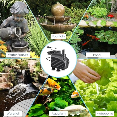 Ultra Quiet Submersible Water Pump 200GPH Size 3.2Lx2.5Wx2.8H in | Water Pump with Dry Burning Protection, 6.6ft Cord, 5.4ft High Lift for Fountains, Waterfall, Hydroponics, Aquariums KF203 - size: 200GPH