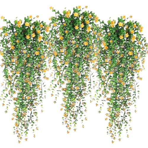 Artificial Hanging Flowers, 3 Pcs Fake Hanging Plants Decor, Artificial Vines for Outdoors, UV Resistant No Fade Artificial Plants Suitable for Indoor Decoration Outdoor Porch Courtyard (Yellow) - color: Yellow