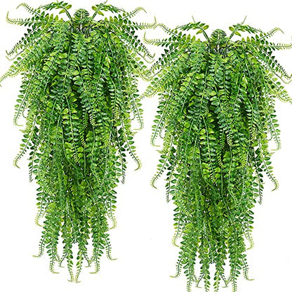 CLONG 2 pcs Artificial Hanging Ferns Plants Vine Fake Ivy Boston Fern Hanging Plant Outdoor UV Resistant Plastic Plants (2, Green)