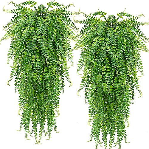 CLONG 2 pcs Artificial Hanging Ferns Plants Vine Fake Ivy Boston Fern Hanging Plant Outdoor UV Resistant Plastic Plants (2, Green)