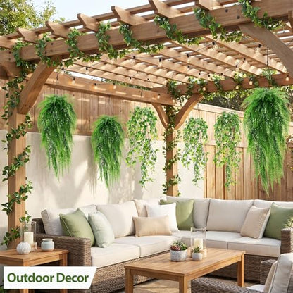 Daifunli 12 Pcs Artificial Hanging Plants Fake Hanging Ferns Plastic Fake Plant for Wall Room Garden Garland Indoor Outdoor Decor No Basket (Ivy,Boston Ferns) - style: Ivy, Boston Ferns