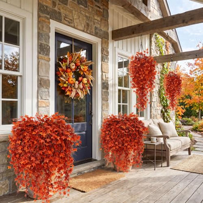 Daifunli 12 Pcs Artificial Fall Hanging Plants Fake Hanging Ferns Plastic Autumn Faux Plants for Wall Room Garden Garland Indoor Outdoor Decor No Basket (Maple Leaves) - style: Maple Leaves