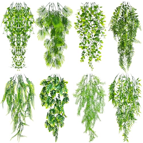 Hamiledyi Reptile Plants 8PCS of Reptiles Hanging Fake Plants Vines with Suction Cup Bearded Dragons Artificial Climbing Terrarium Plant Habitat Decorations for Lizards Geckos Snake - color: 8 Green Styles