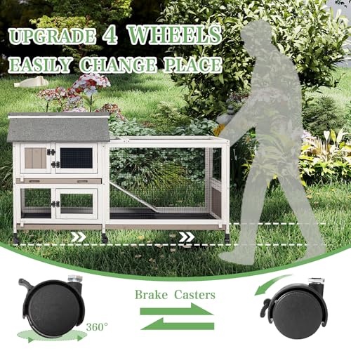 2-Story Rabbit Hutch Indoor & Outdoor, Large Bunny Hutch with 3 Pull-Out Trays, 6 Lockable Wheels, Wooden Rabbit Cage with Asphalt Roof & 6 Accesses for 2-4 Rabbits, Backyard, Home, Patio - size: PET80