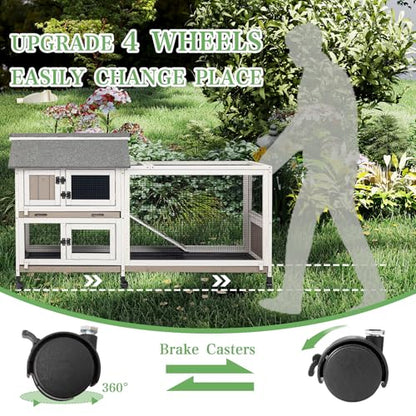 2-Story Rabbit Hutch Indoor & Outdoor, Large Bunny Hutch with 3 Pull-Out Trays, 6 Lockable Wheels, Wooden Rabbit Cage with Asphalt Roof & 6 Accesses for 2-4 Rabbits, Backyard, Home, Patio - size: PET80