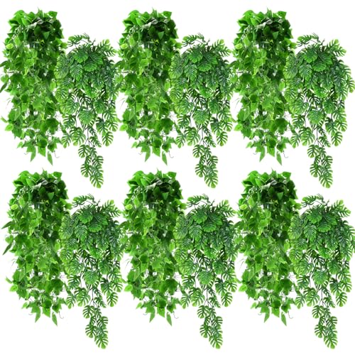 Daifunli 12 Pcs Artificial Hanging Plants Fake Hanging Ferns Plastic Fake Plant for Wall Room Garden Garland Indoor Outdoor Decor No Basket (Monstera Vine,Ivy Vine) - style: Monstera Vine, Ivy Vine