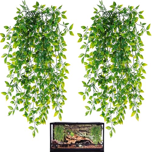 HERCOCCI Reptile Plants, 2 Pack Terrarium Hanging Plants Vines Artificial Leaves Habitat Decorations with Suction Cup for Bearded Dragon Hermit Crab Lizard Snake Geckos Chameleon - color: 2 Pack