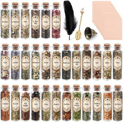 30 Pack Witchcraft Supplies Herbs, Dried Herbs and Flowers Bottles Kit for Witch Beginner, Wiccan, Wicca Altar Supplies, Magic Spell, Candle and Soap Making, with Witchy Spoon, Bell and More - style: 30 Herbal Jars