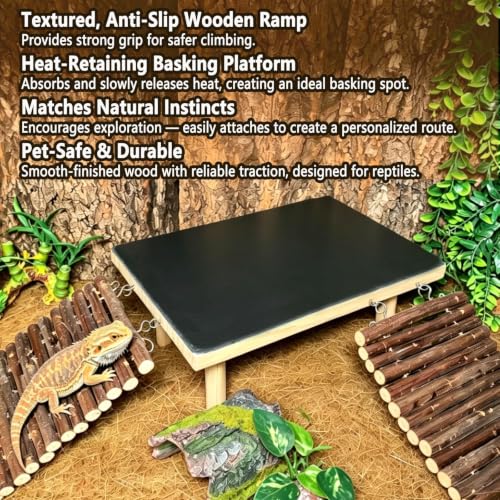 Bearded Dragon Basking Platform with Climbing Ramp,Reptile Basking Rock Slate Stone,Wood Lizard Resting Platform Hide Cave Tank Accessories for Gecko Tortoise Snake Frog(XL) - size: XL: 13.78"x 7.87"x 4.56"